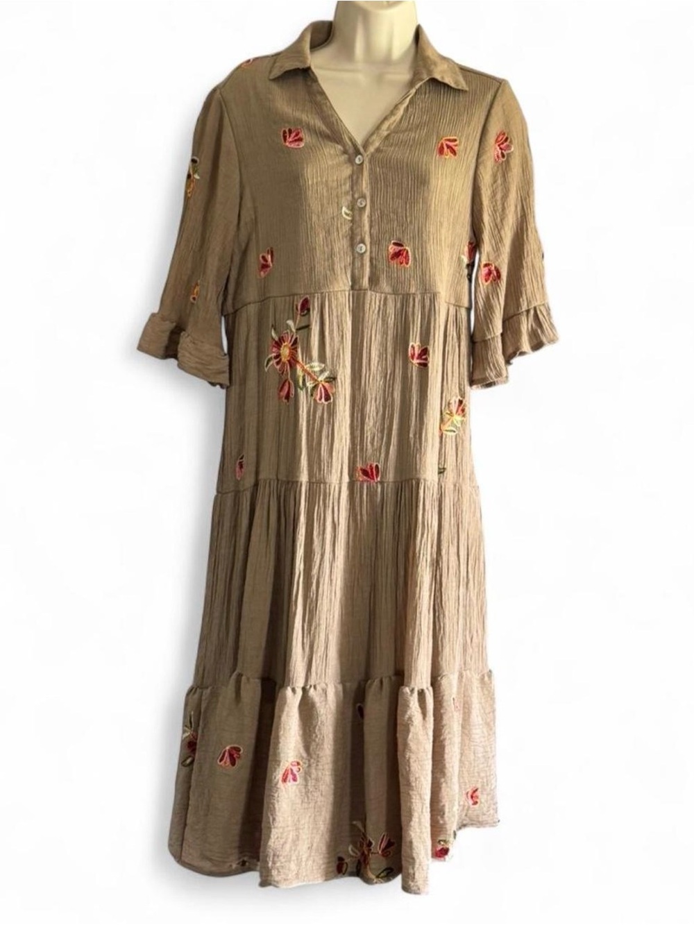 Fig & Flower Embroidered Tiered Boho Midi Dress Taupe Floral Cottagecore M - Picture 2 of 8